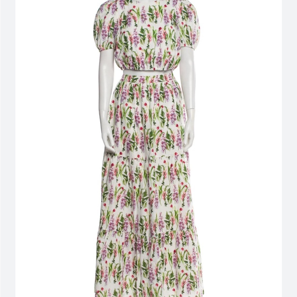 Cami NYC.   Top and skirt set White Dress with Pink and Green Floral Print